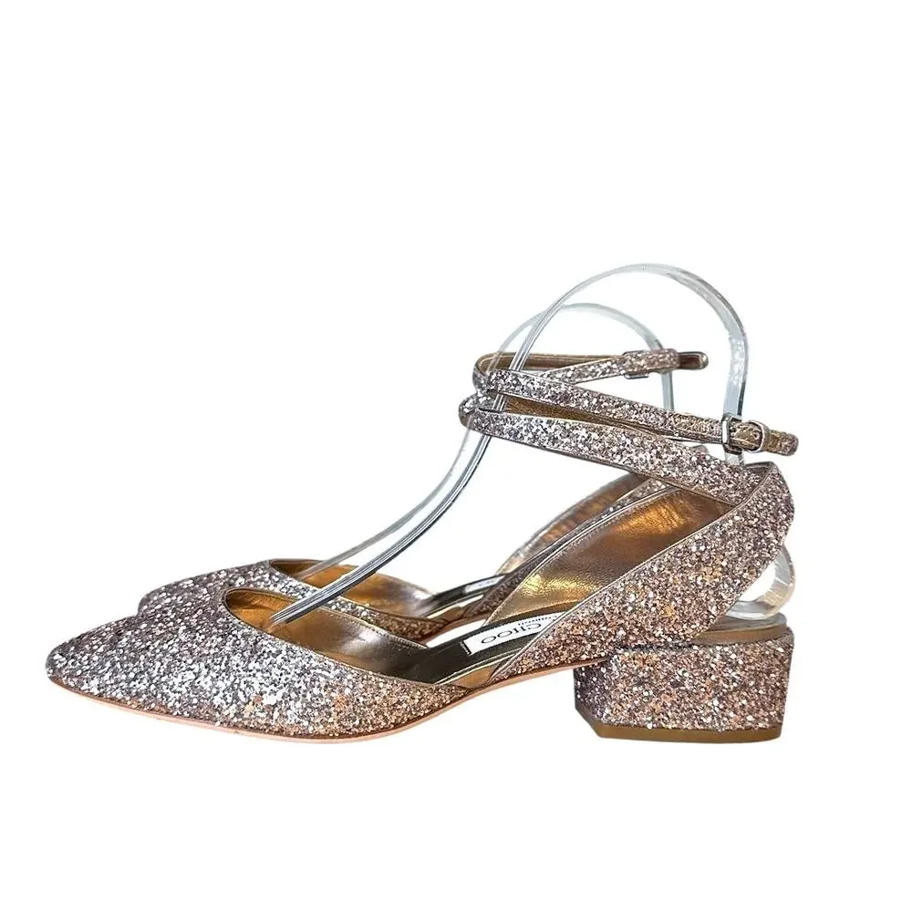 Jimmy Choo Vicky Glitter Rose Gold Ankle Wrap Ballet Sandals 38.5